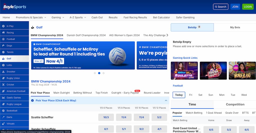 BoyleSports golf betting page